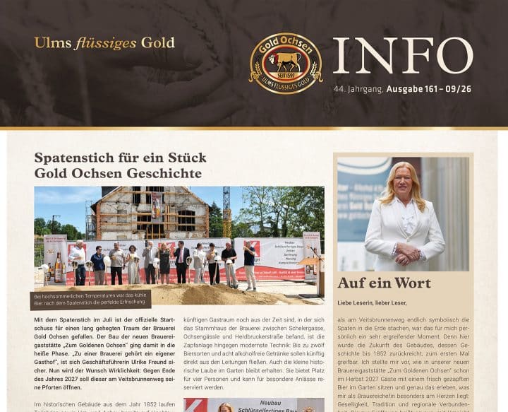 Die neue Ausgabe der Gold Ochsen INFO ist auf zwölf Seiten gefüllt mit interessanten Nachrichten aus der Region und der Brauerei. Wir wünschen viel Vergnügen beim Lesen!